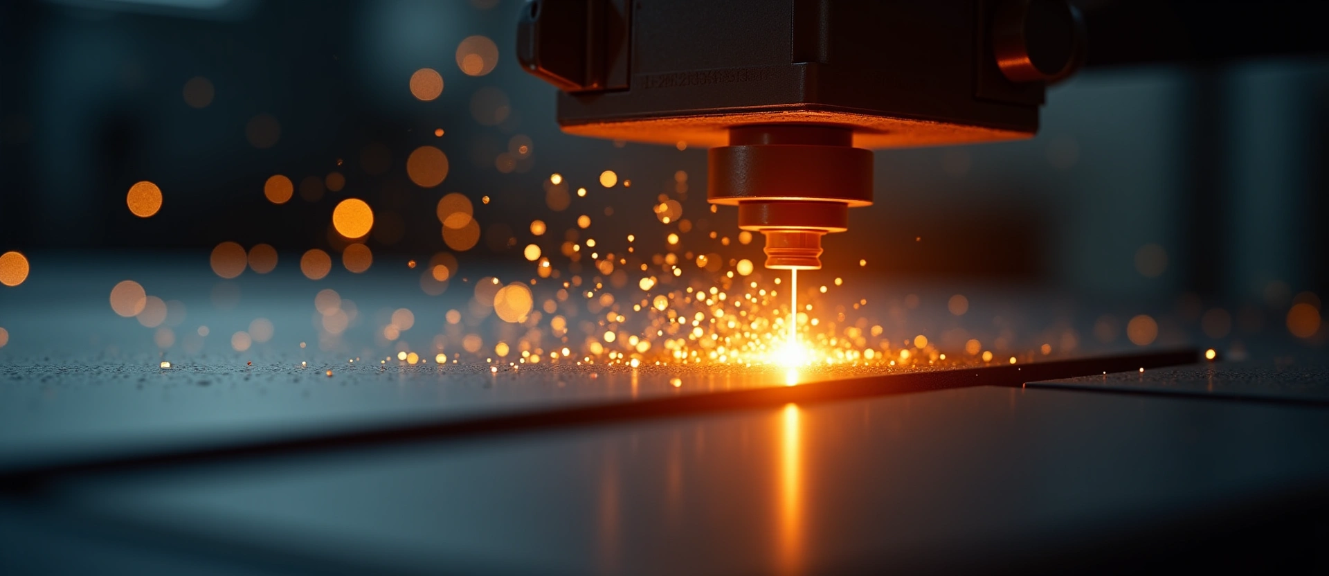 Corte láser de fibra en acción — chispas doradas sobre metal