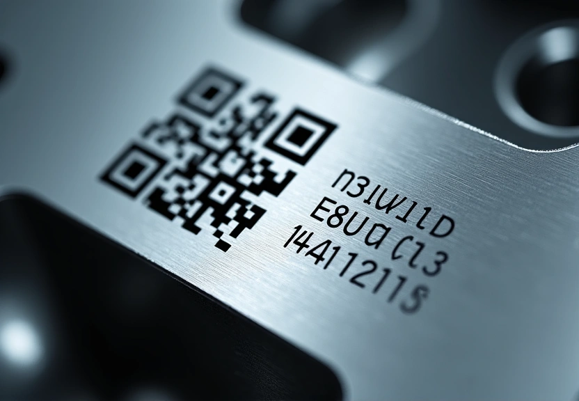 Código QR y serial grabados con láser en pieza industrial
